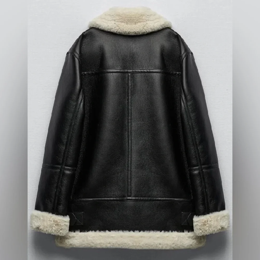 81 moto jacket faux leather faux fur zip up black coat jacket - Picture 5 of 13